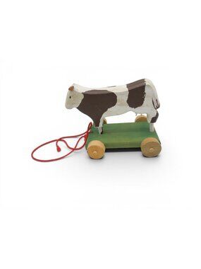 Wooden Cow Pull Toy Handmade Folk Art Rolling Toy Painted Wood Farm 10"